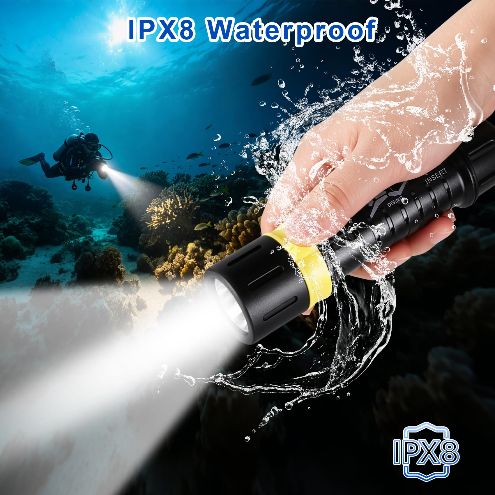 WINDFIRE Lampe de plongée sous-marine rechargeable, lampe de poche de plongée