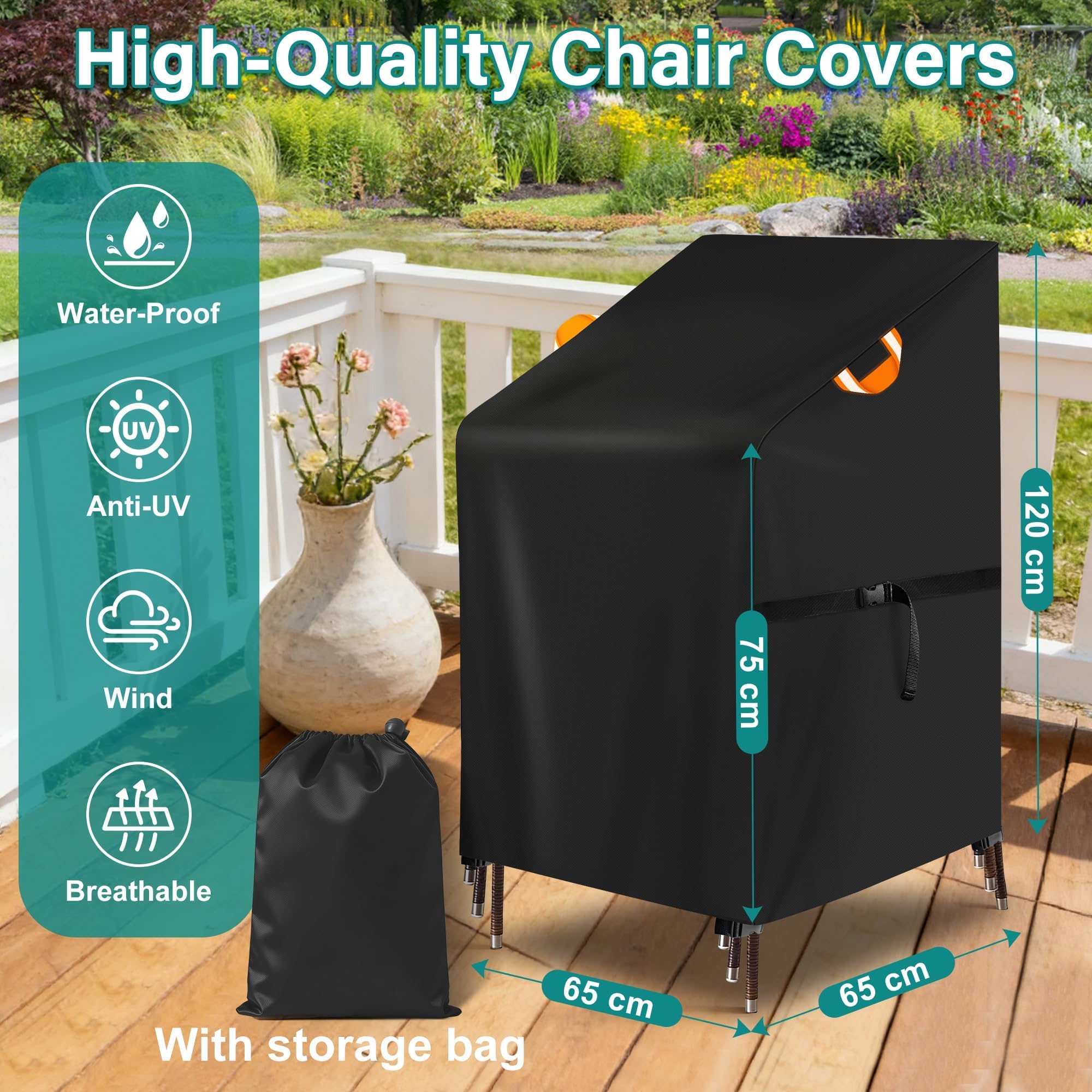 Funda Sillas Jardin, 65x65x75/120CM Oxford 420D, Funda Sillas Exterior Impermeable Apilables Protectora Anti Viento Anti UV - 4