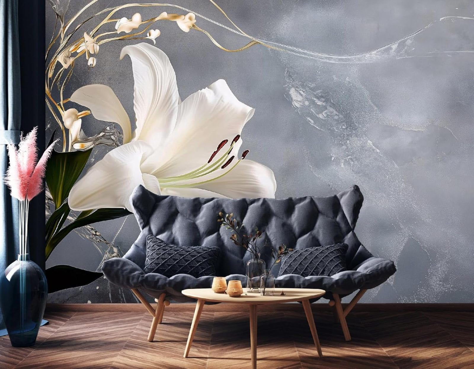 Kfjhgbdshhj 3D Mural Photo Mural-Wallpaper Lilies - For Living Room Bedroom - 3D Effect - Flowers Abstract Modern Grey,350Cmx256cm Poster - Wall Sticker - Frameless Picture