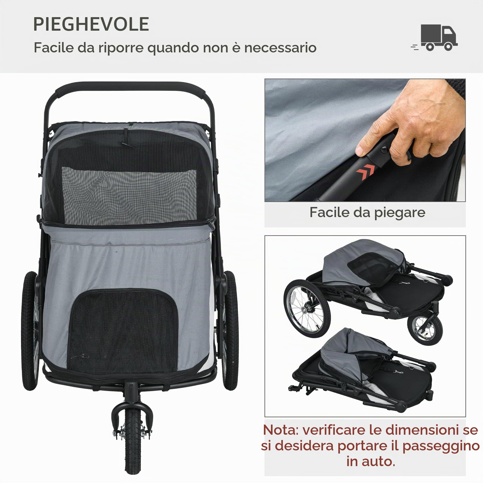 PawHut Passeggino per cani con finestre a rete fino a 30 kg grigio | Passeggino pieghevole per gatto con guinzaglio di sicurezza, grandi ruote in gomma, tessuto Oxford.
