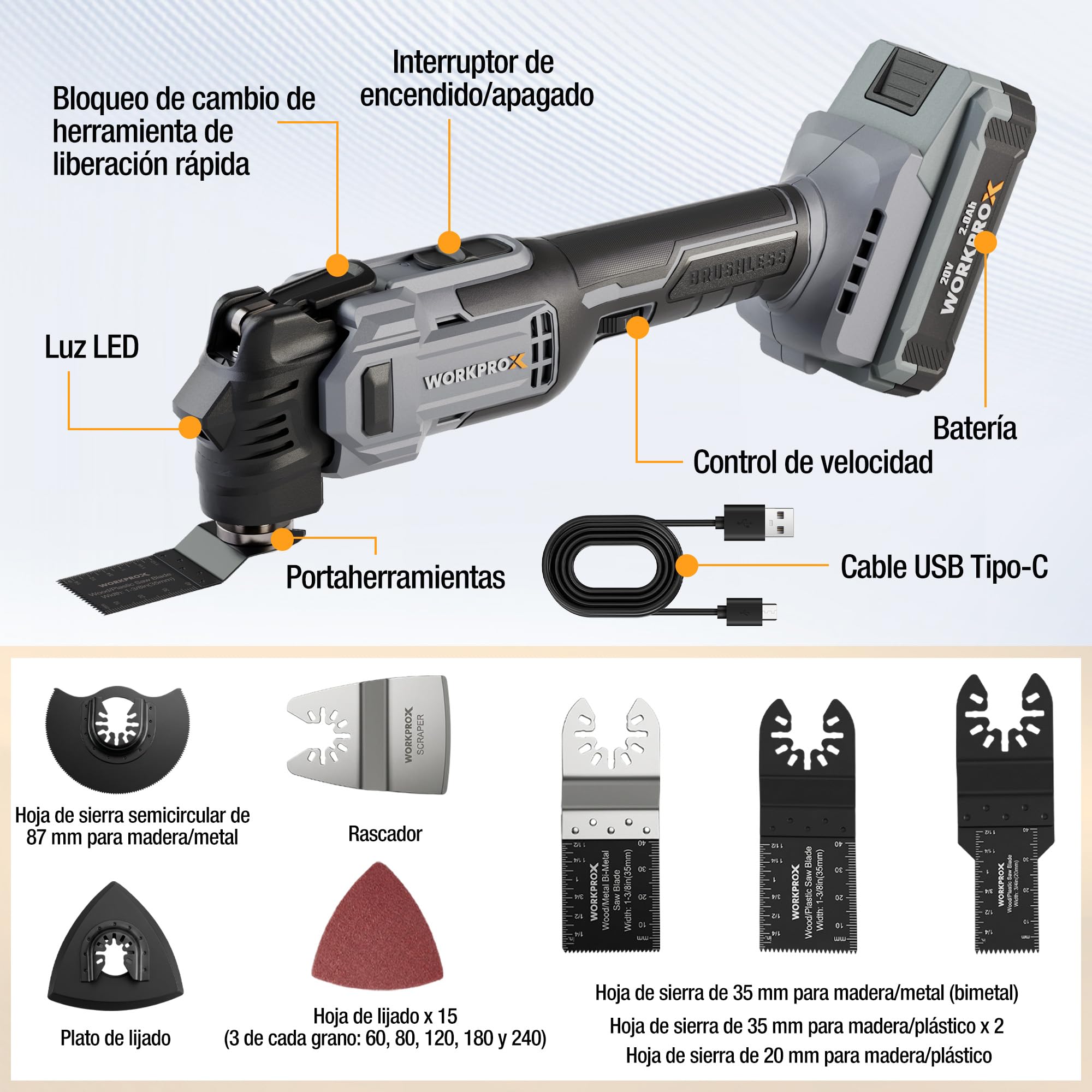 WORKPROX Multiherramienta Oscilante a Batería 20V con Motor Sin Escobillas | 6 Velocidades, Oscilación de 3,6°, Batería Incluida, 22 Accesorios y Bolsa, para Cortar, Raspar y Lijar
