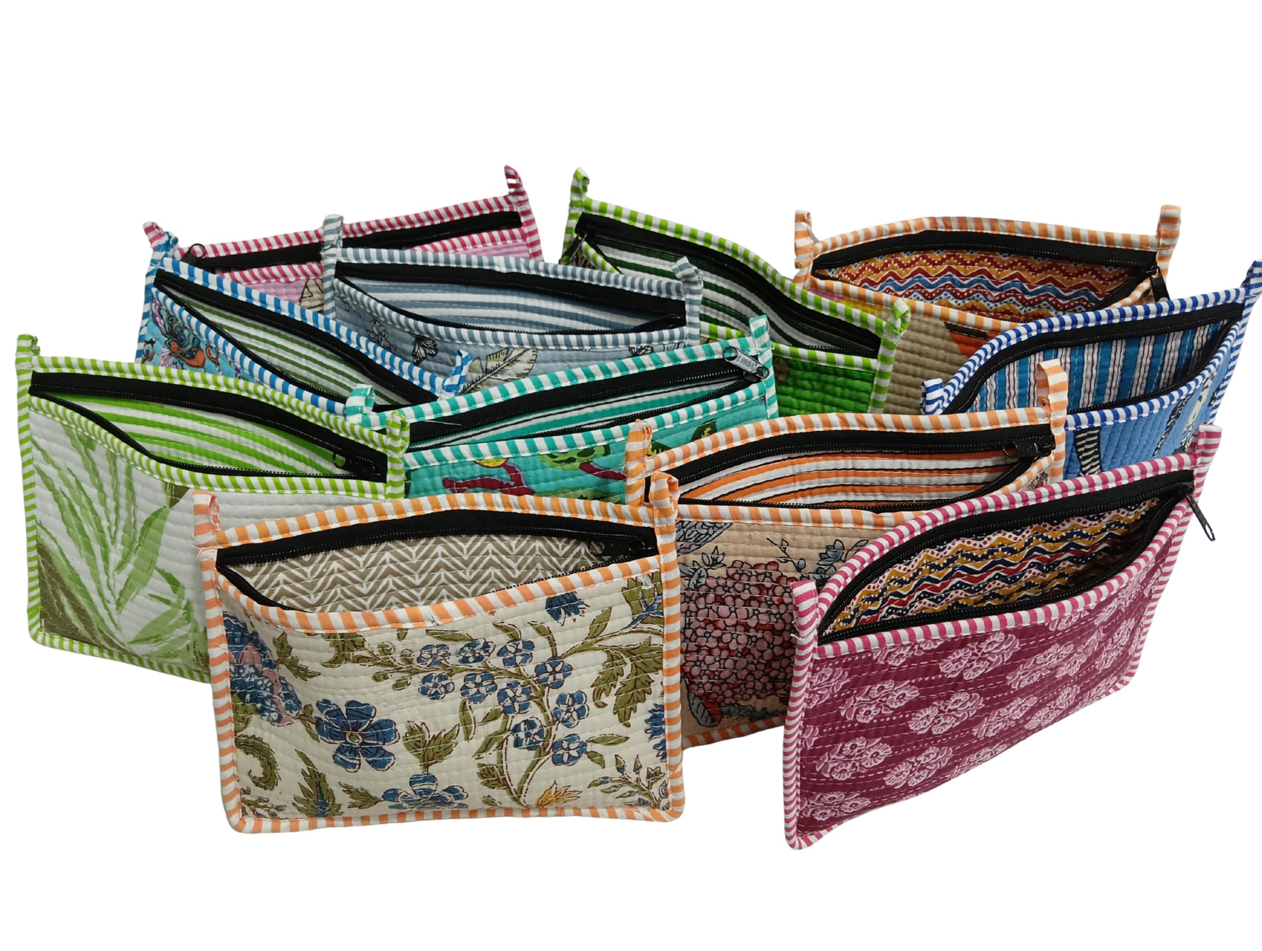 Doraya Handblock Floral Print Quilted Multipurpose Zipper Closure Coin Currency Pouch, Multicolor Unique Mix Assorted Design Cotton 8x6 Inches, for Travel Makeup Jewelry Passport Organization (5)-image-32