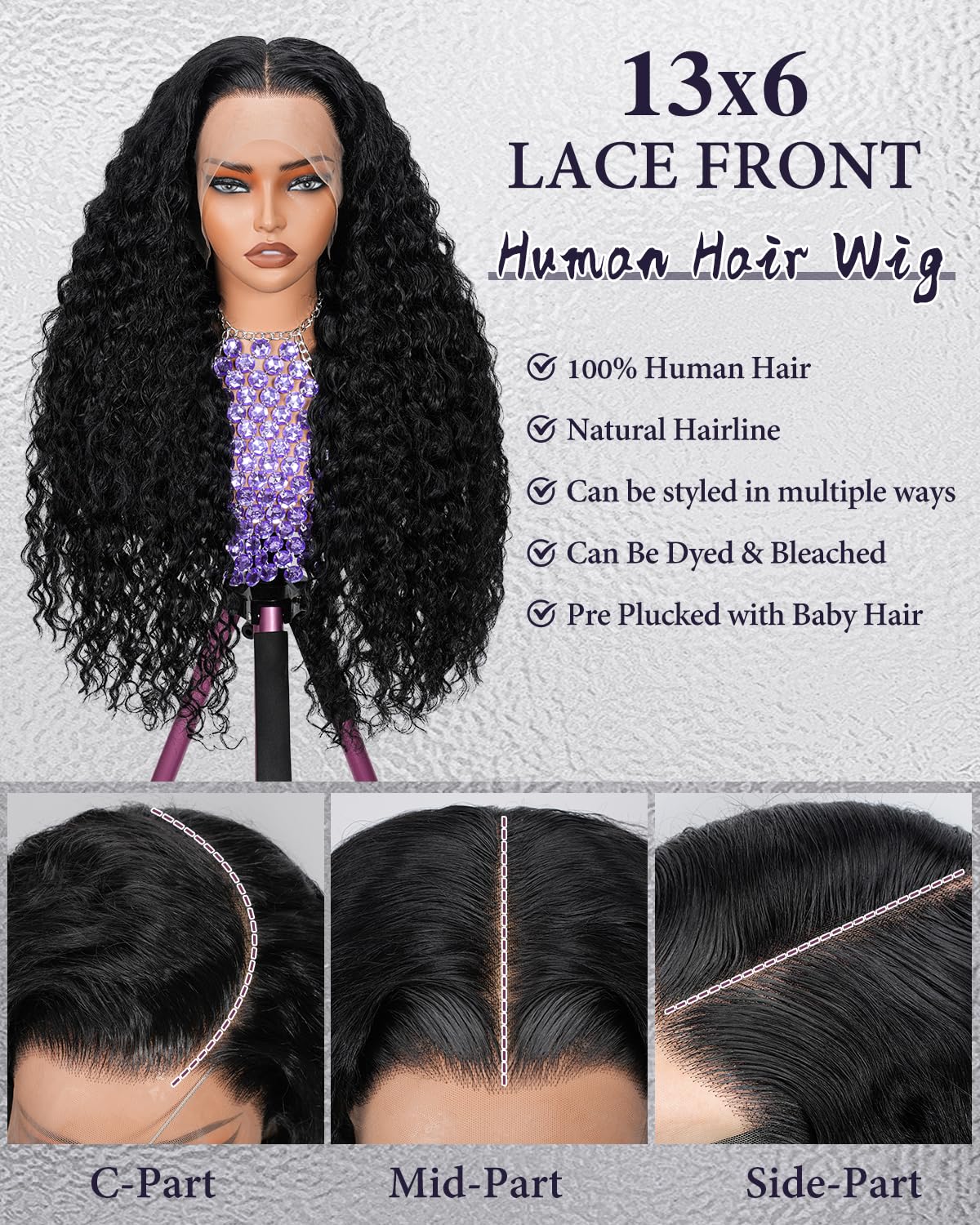 13x6 Deep Wave Lace Front Wigs Human Hair 180% Density Curly Human Hair Wig Pre Plucked Wet and Wavy human hair wig for Women HD Lace Frontal Wigs with Baby Hair 26Inch
