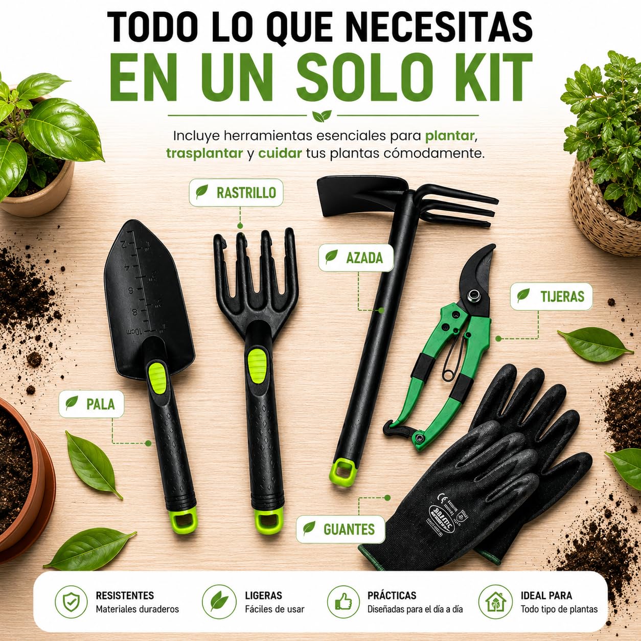 Kit 5 Herramientas de jardinería Resistente de Fibra de Vidrio Ideal para jardín, huerto Urbano o terraza | Kit jardineria Completo Que Incluye: Pala, Rastrillo, Azada, Tijeras de Podar y Guantes.