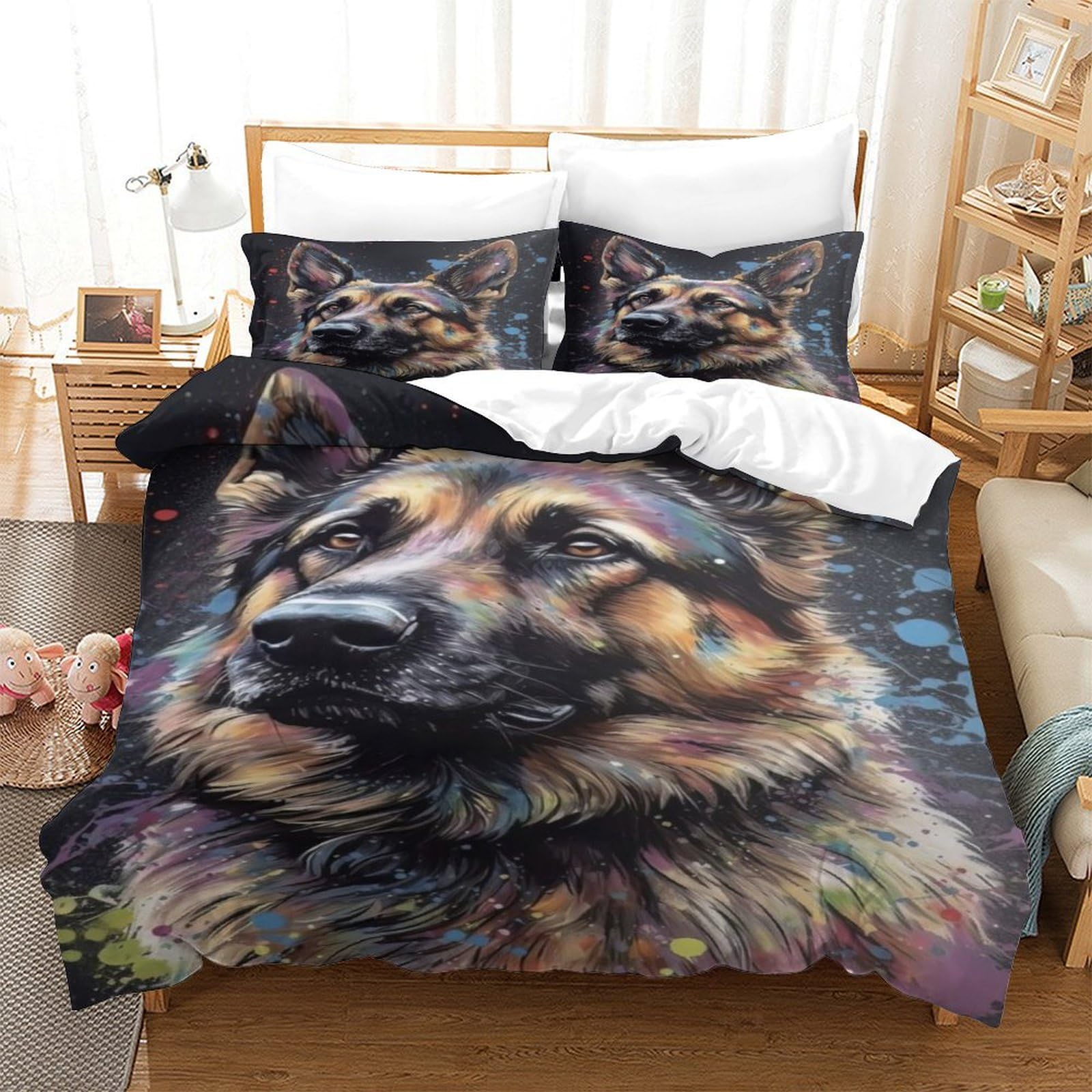QPIRINMEX German Shepherd Dog 3D Print Quilt Cover Duvet Cover Set Single Print Duvet Bedding Set Bedding Set Soft Cute Dog Lightweight Microfiber Quilt Cover with Zipper Closure Single（140x200cm）