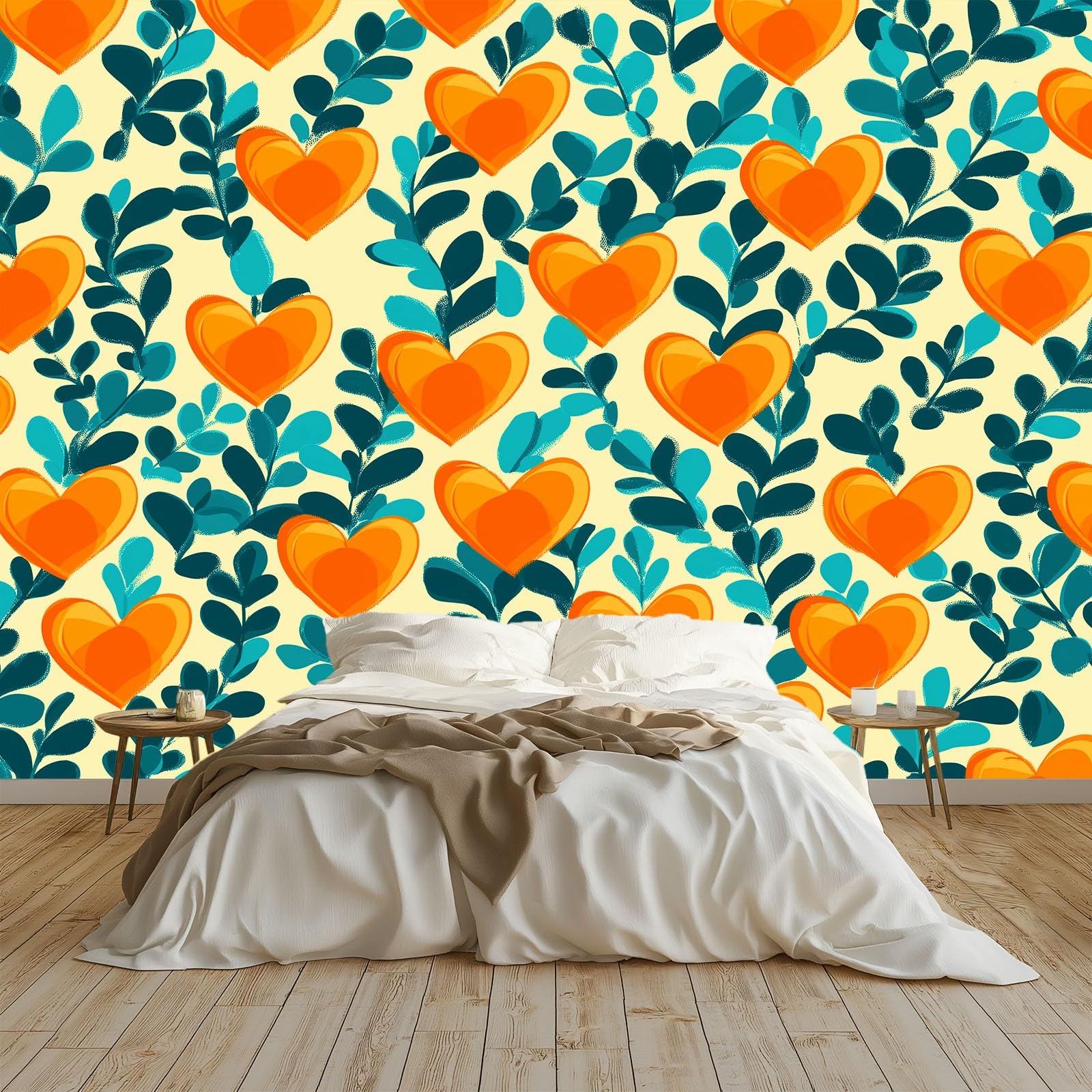 Papier peint salon motif feuille cœur beige pour créer une ambiance cosy de chambre