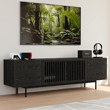POVISON Full Assembled Mid-Century Modern TV Stand with Slatted Doors, Wood Media Console for 65-75 Inch TV, TV Console with Tall-cast Metal Legs, Entertainment Center with Storage for Living Room