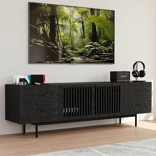 POVISON Full Assembled Mid-Century Modern TV Stand with Slatted Doors, Wood Media Console for 65-75 Inch TV, TV Console with Tall-cast Metal Legs, Entertainment Center with Storage for Living Room
