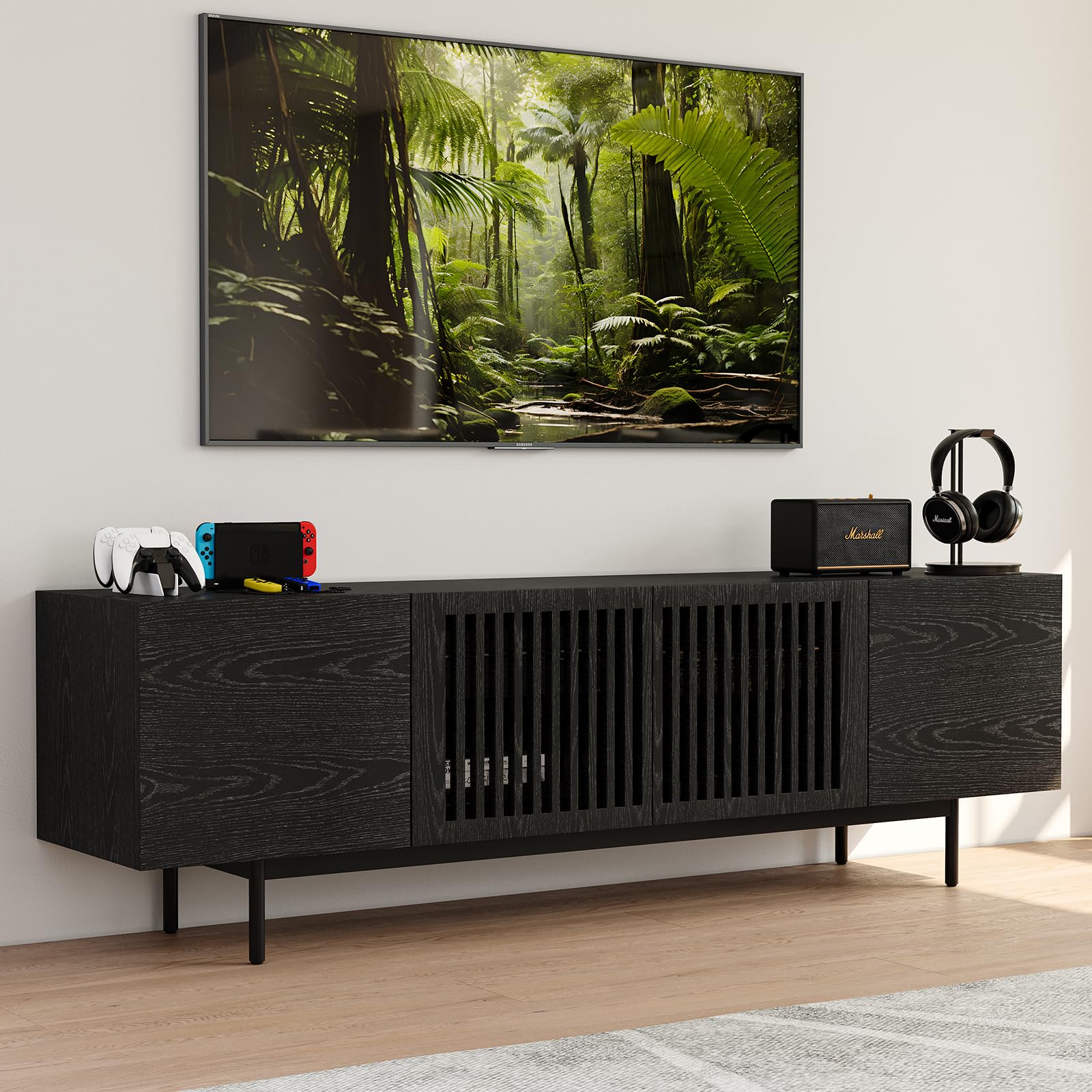 POVISON Full Assembled Mid-Century Modern TV Stand with Slatted Doors, Wood Media Console for 65-75 Inch TV, TV Console with Tall-cast Metal Legs, Entertainment Center with Storage for Living Room