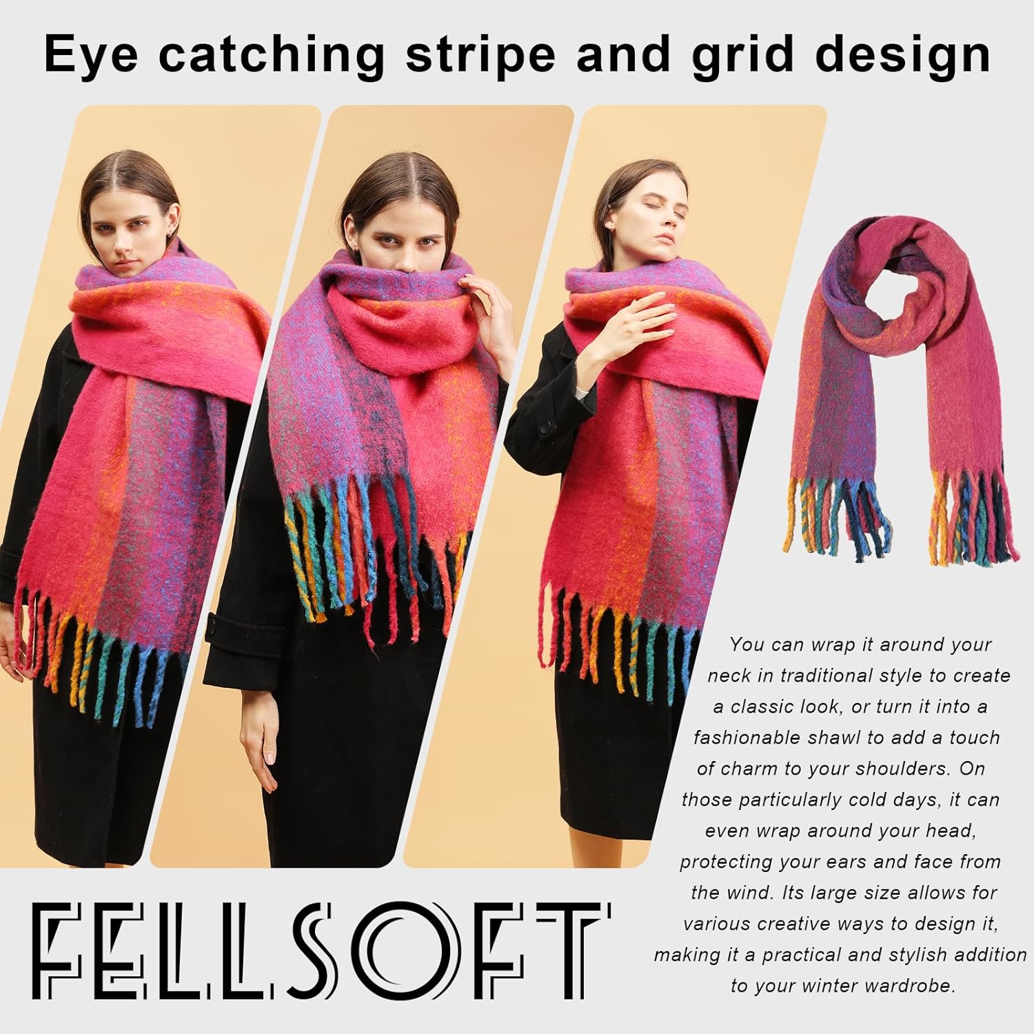 Womens Winter Scarf,Colorful Plaid Long Shawl Large Scarves Cashmere Feel Cold Weather Thick Blanket Scarfs - Image 6