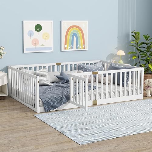 Miniatura 8 de Cama de piso Montessori con rieles, marco de cama de piso con techo, cama de madera para niñas y niños, tamaño individual natural