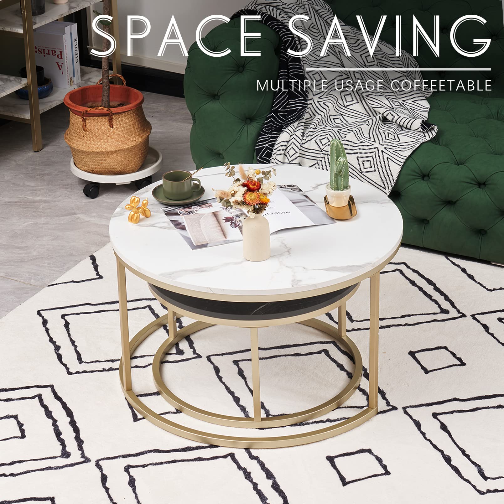 Soayone Rond Tafel Set van 2, Wit Marmeren Tafel Met Goud Metalen Frame, Ronde Bijzettafel, Moderne Tafel, Nesttafels Voor Woonkamer, Slaapkamer, Balkon