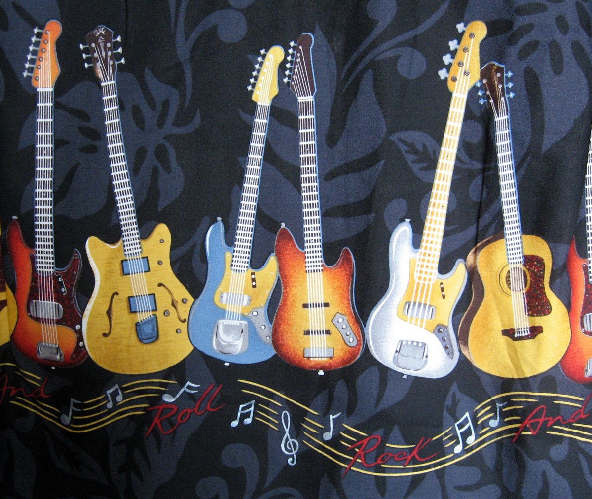 P.L.A. Pacific Legend oryginalna koszula hawajska z krótkim rękawem, męska kieszeń z przodu na guziki z nadrukiem hawajskim, gitara elektryczna Rockstar