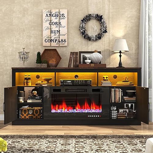 Miniatura 15 de Soporte de TV con chimenea de granja para TV de 70/75/80 pulgadas, centro de entretenimiento de 32 pulgadas de alto con chimenea eléctrica de 36