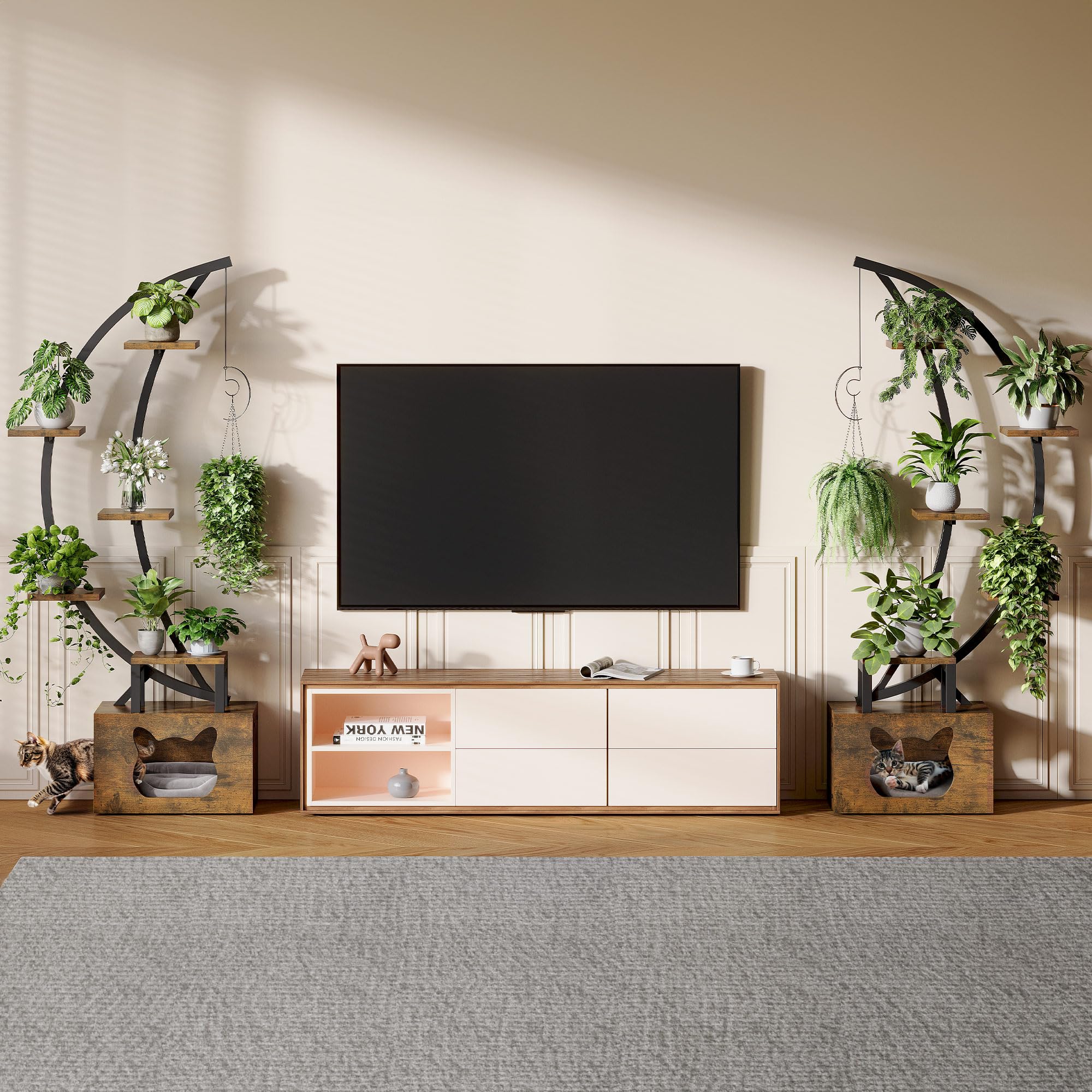 YITAHOME Pflanzenständer für Den Innenbereich mit LED-Wachstumslichtern, 5-stöckiges mit Katzenbett, 165 cm Hohe, Doppelt Symmetrisches, Gebogenes Pflanzenhalterregal für Wohnzimmer, Terrasse, Balkon