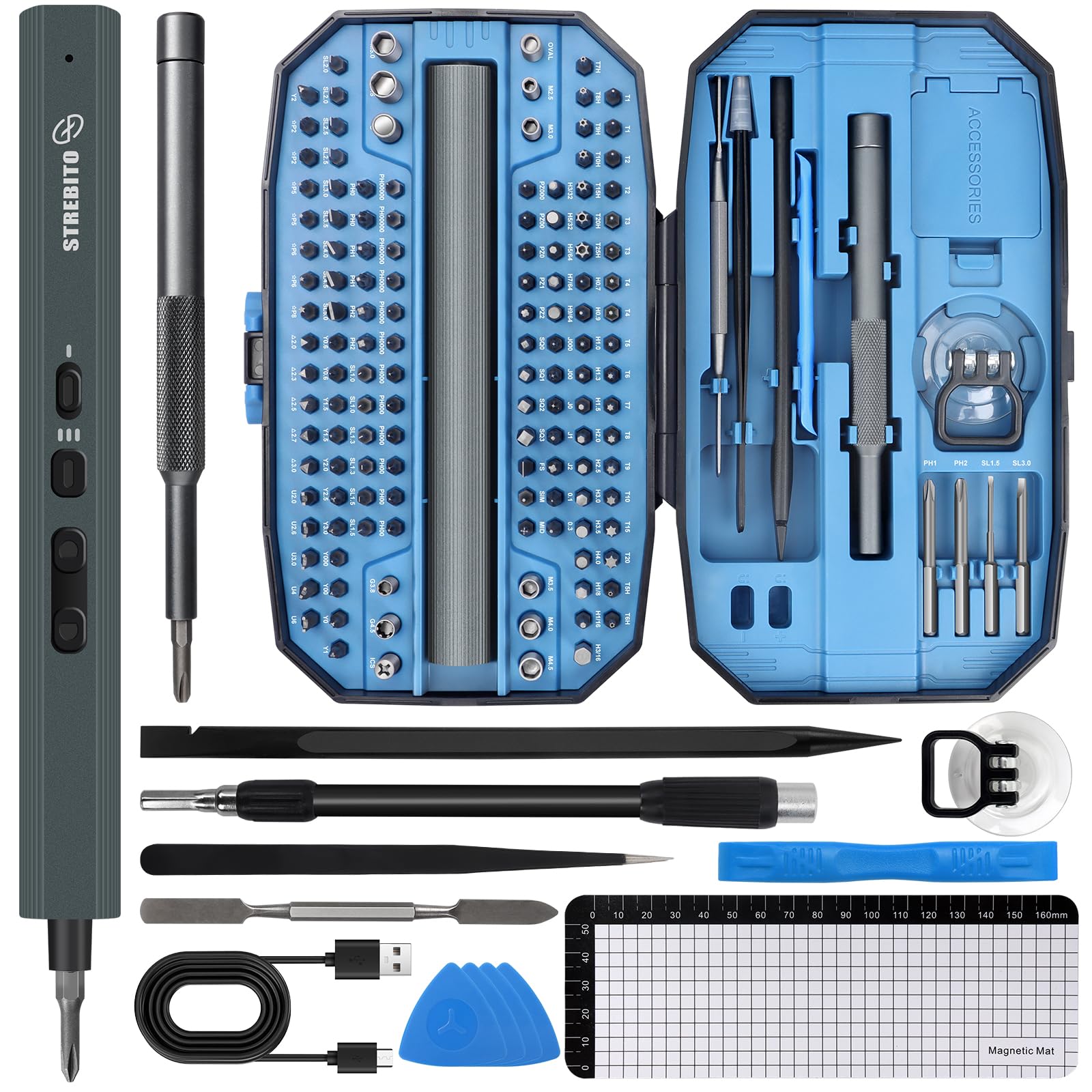 Mini Electric Screwdriver Set 155 in 1 Small Electric Screwdriver Cordless, 140 S2 Magnetic Bits, 3 Torque Settings, 650mAh Battery, Precision Electric Screwdriver Kit for Computer Laptop RC