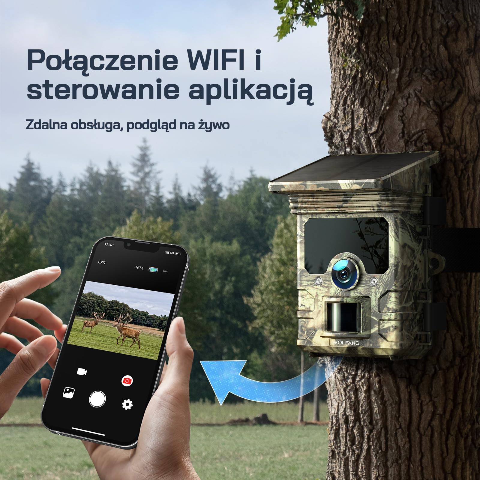 WOLFANG Kamera przyrodnicza WiFi Bluetooth – 4K 68 MP kamera solarna z aktywowanym noktowizorem, kamera do gier o czasie wyzwalania 0,1 s, wbudowana bateria litowa 5200 mAh do monitorowania dzikiej