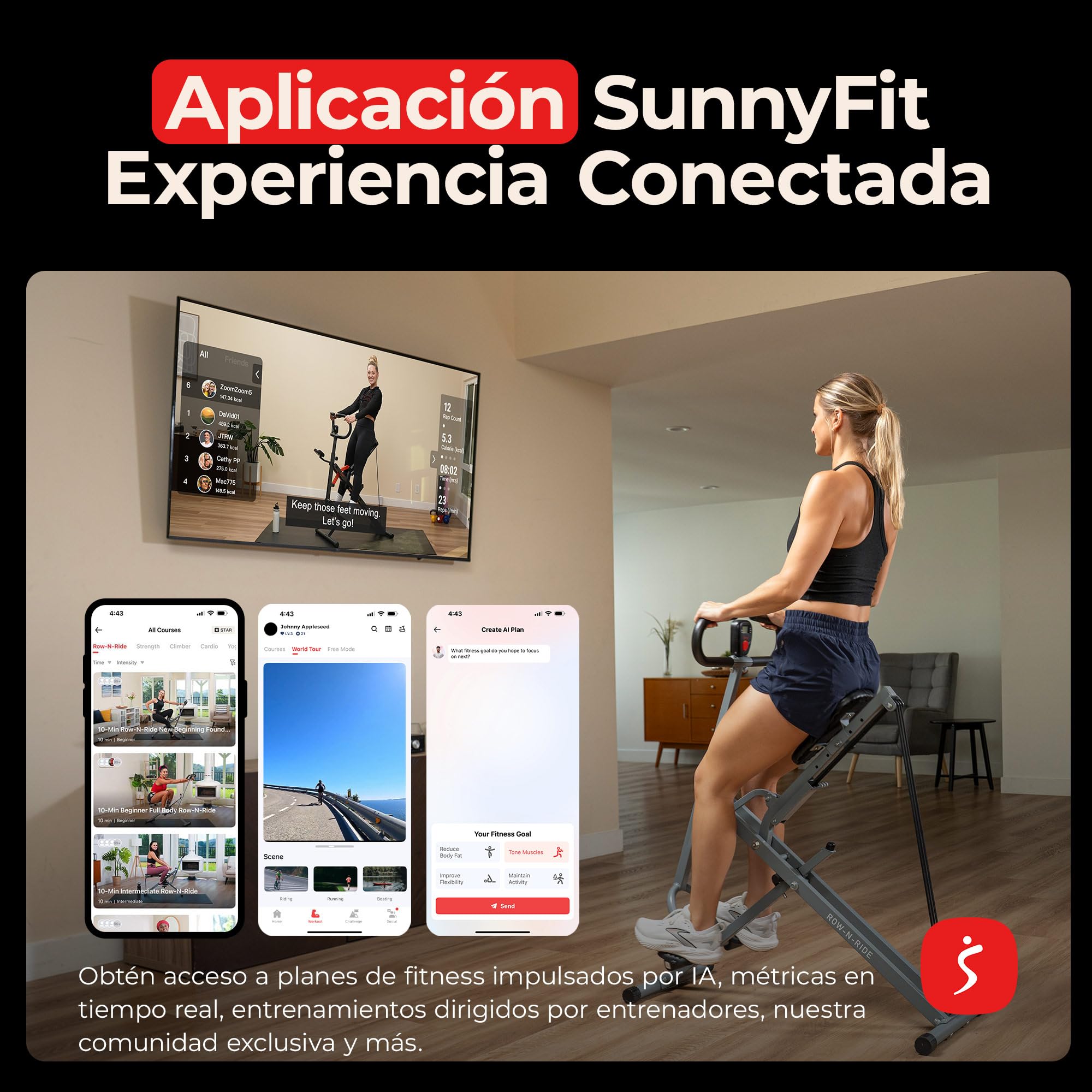 Sunny Health & Fitness Inteligente Row-N-Ride Máquina Plegable | Entrenador de Glúteos y Piernas, 3 Ángulos de Sentadilla, 4-Niveles de Resistencia, App SunnyFit, 150 kg Capacidad