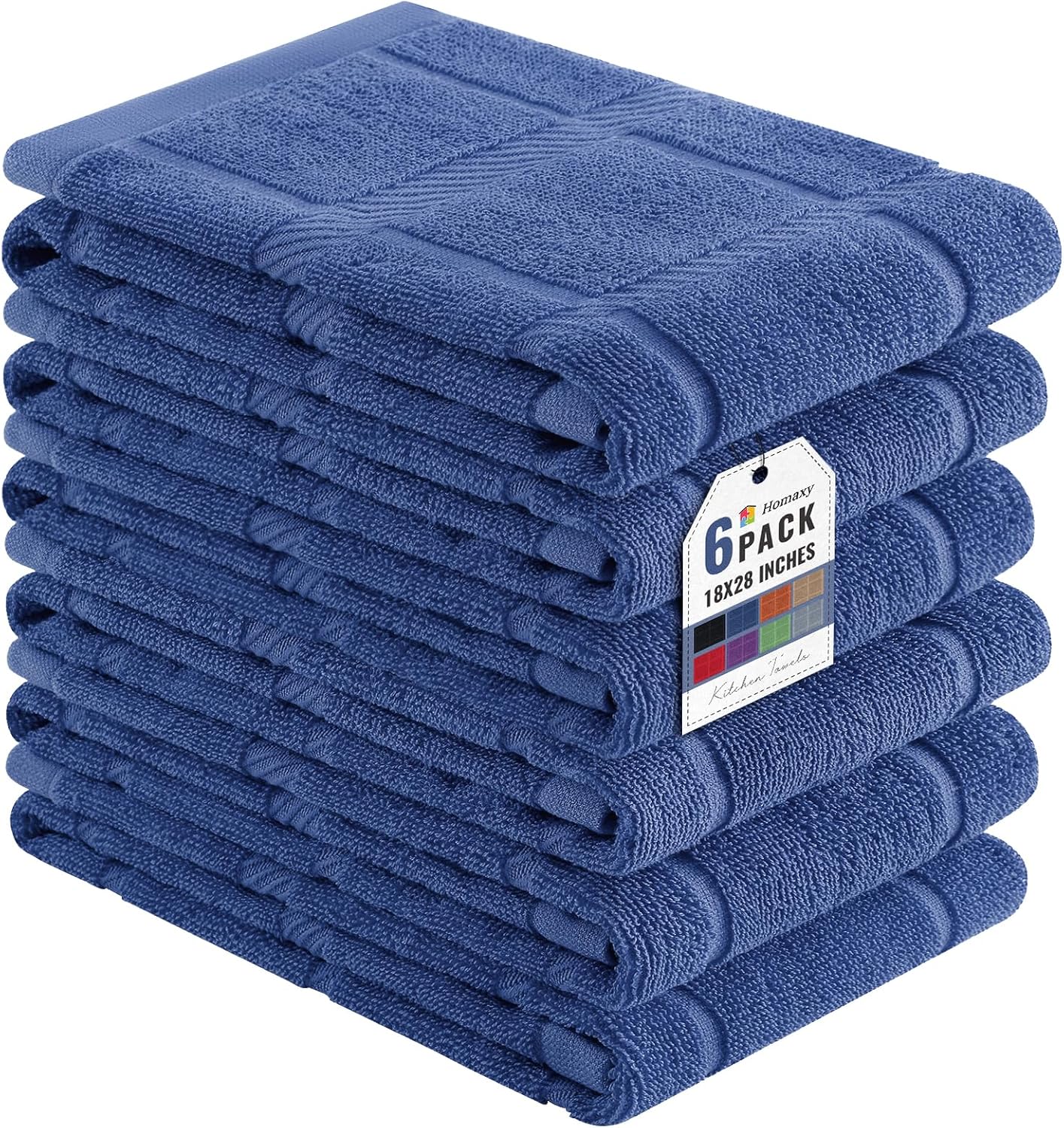 Homaxy 100% Cotton Kitchen Towels 18"x28", 6 Pack Dish Towels, Navy Blue | Large 380 GSM Soft and Absorbent Kitchen Hand Towels with Terry Grid Design, Utility Tea Towel Set with Hanging Loop