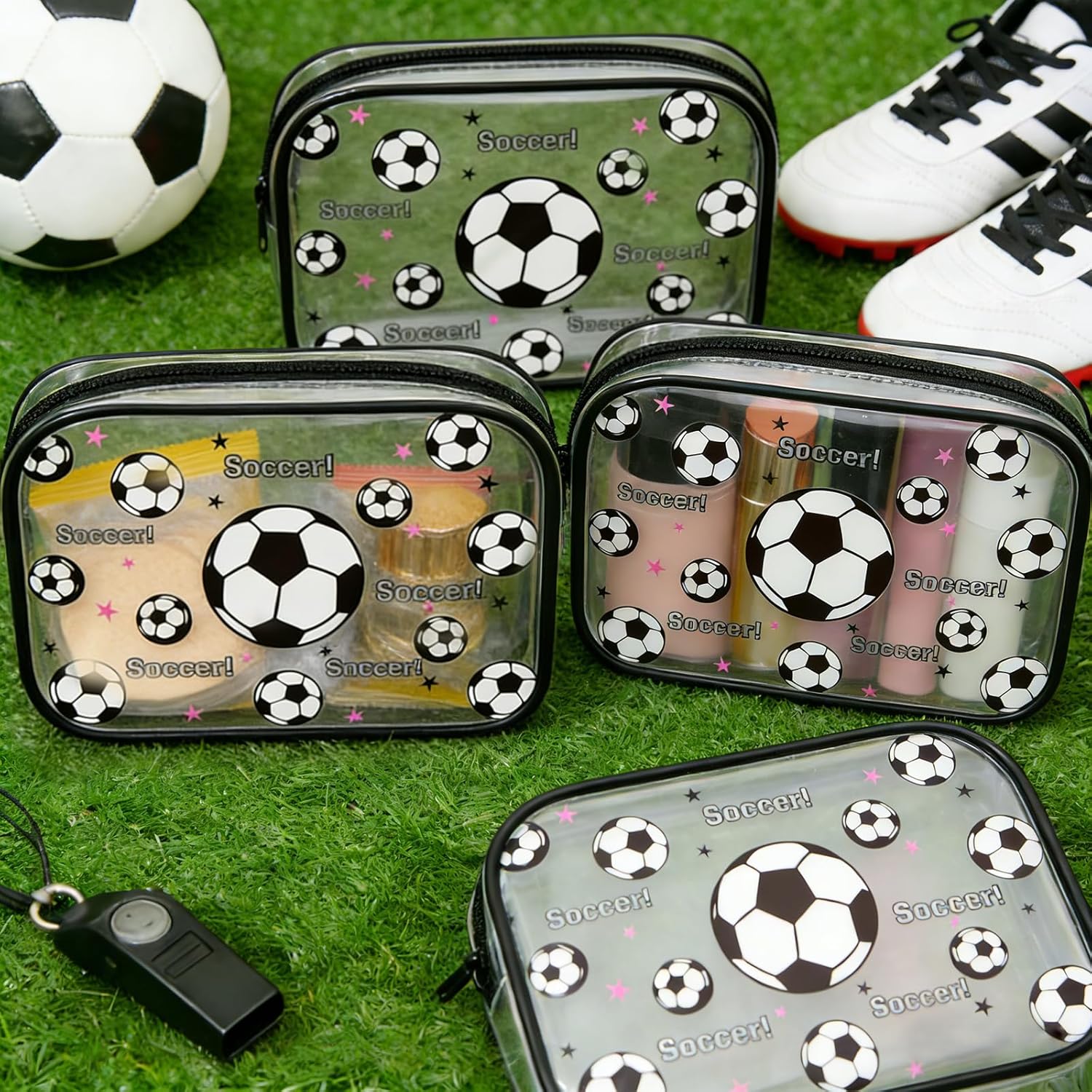 30 Pcs Soccer Cosmetic Bag Bulk- PVC Waterproof Clear Makeup Bags Soccers Gifts Accessories for Soccer Team Gifts for Girls Kids Birthday Party Favors & Cheer Gifts