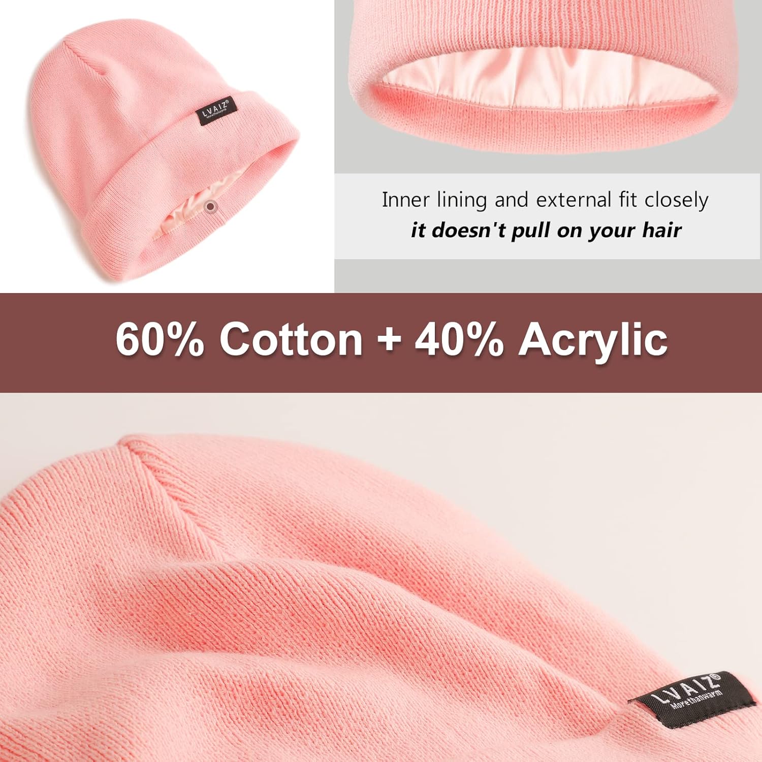 Satin Lined Winter Beanie Hats for Women Unisex Cotton Knitted Cuffed Knit Hat with Silky Lining Slouchy Skull Cap - Image 2