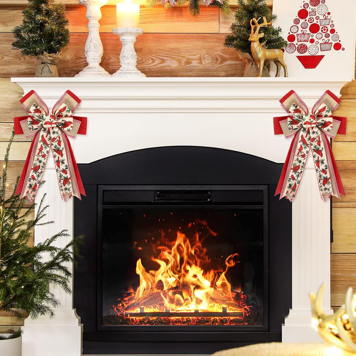 Whaline Christmas Wreath Bow Red Cardinal Birds Pattern Burlap Bow 16.5 x 11 Inch Xmas Special Design Tree Topper Ornament Gift Bow for Christmas Party Indoor Outdoor Home Door Fireplace Decor