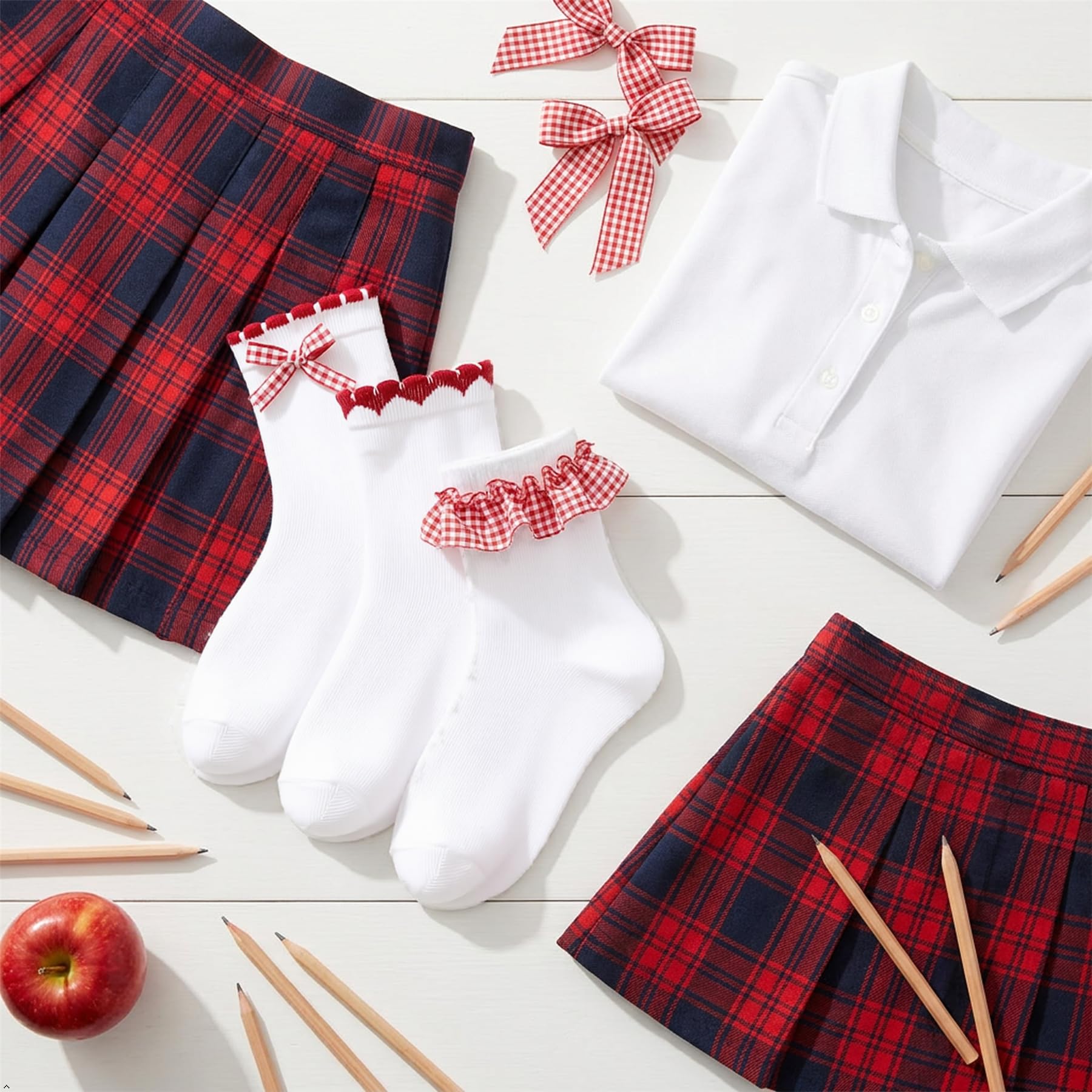 A2Z 4 Kids Lot de 3 paires de chaussettes à bordure en dentelle vichy pour filles en coton majoritaire avec volants et nœud, douces et respirantes, parfaites pour les tenues uniformes ou décontractées