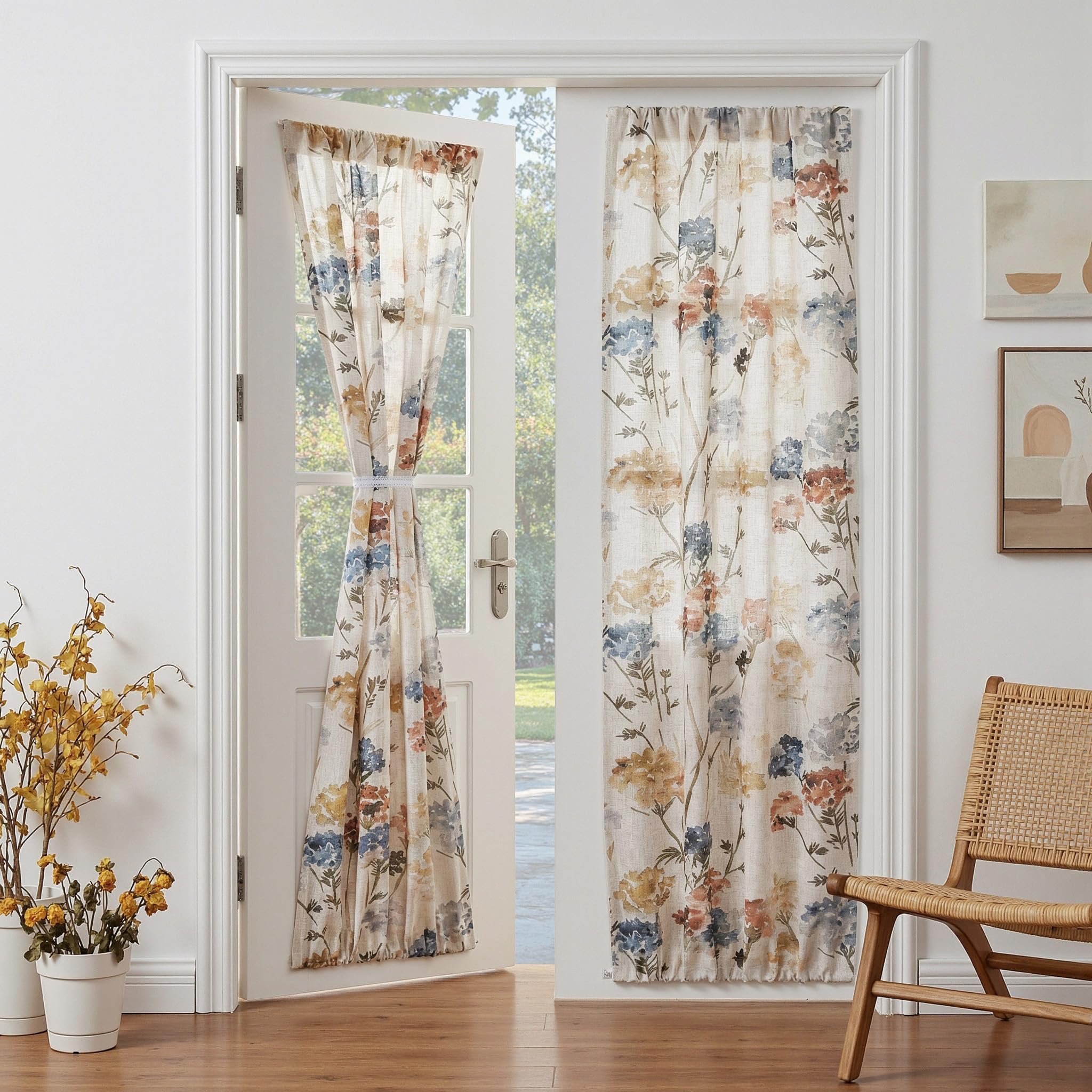 MYSKY HOME Floral Linen French Door Curtains 72 inch Long 2 Panels for Front Door - Light Filtering Privacy Semi Sheer Window Curtains with Rod Pocket, Yellow, 24" W x 72" L