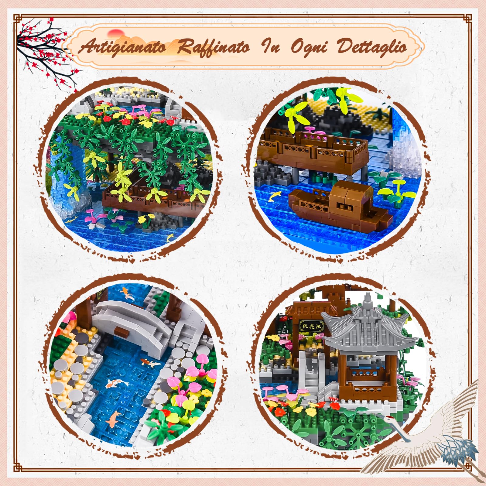 Charmofun 3320pezzi Mini Mattoncini da Costruzione, Set di Mattoncini Costruzione Giardino classici cinesi con LED, Peach Blossom Pool Cinese Architecture, Creative STEM Regalo per bambini e adulti