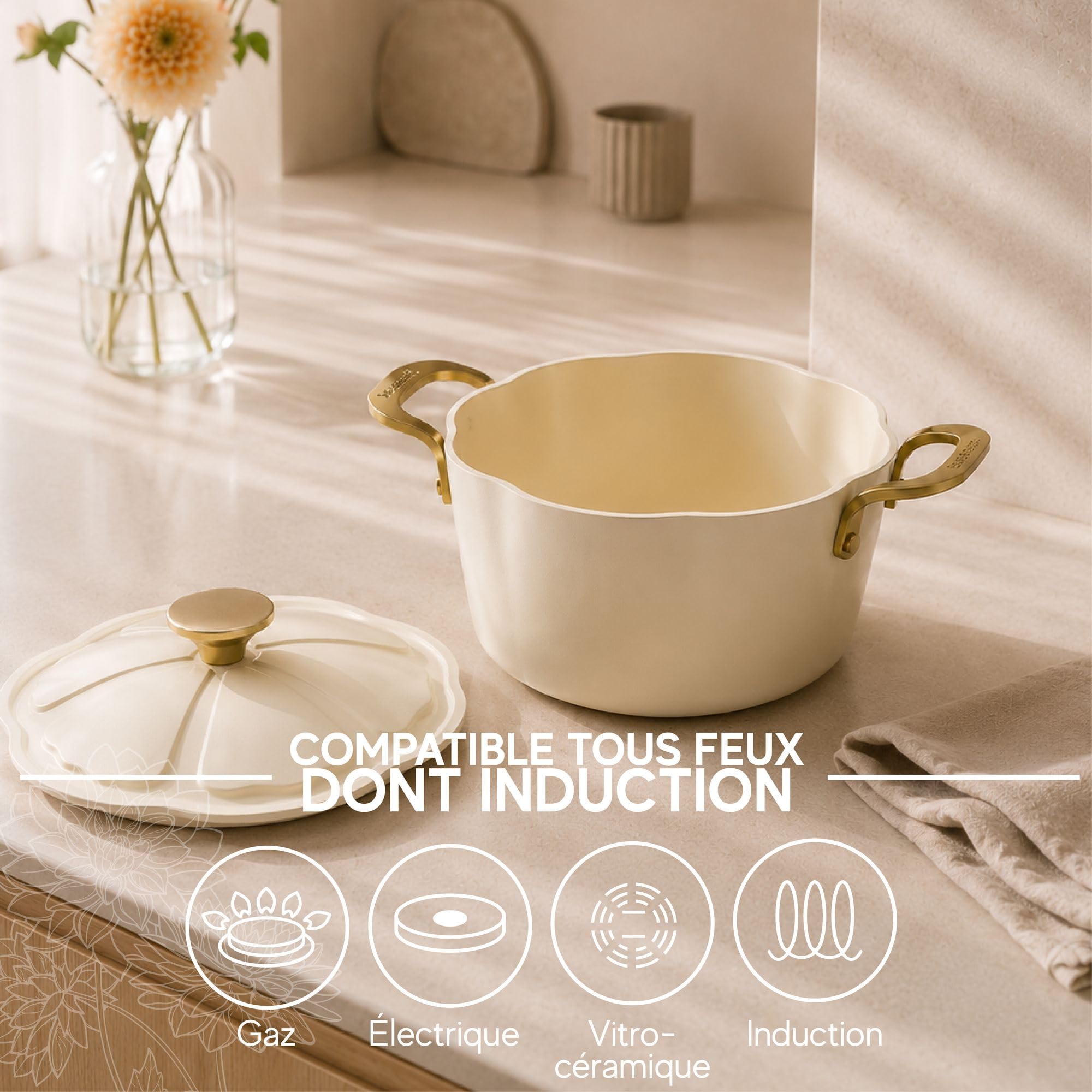 MENASTYL - Batterie de cuisine 8 pièces Dahlia sans PFAS - Revêtement céramique antiadhésif - 98% d'aluminium recyclé - Tous feux dont induction et lave-vaisselle - 6014235