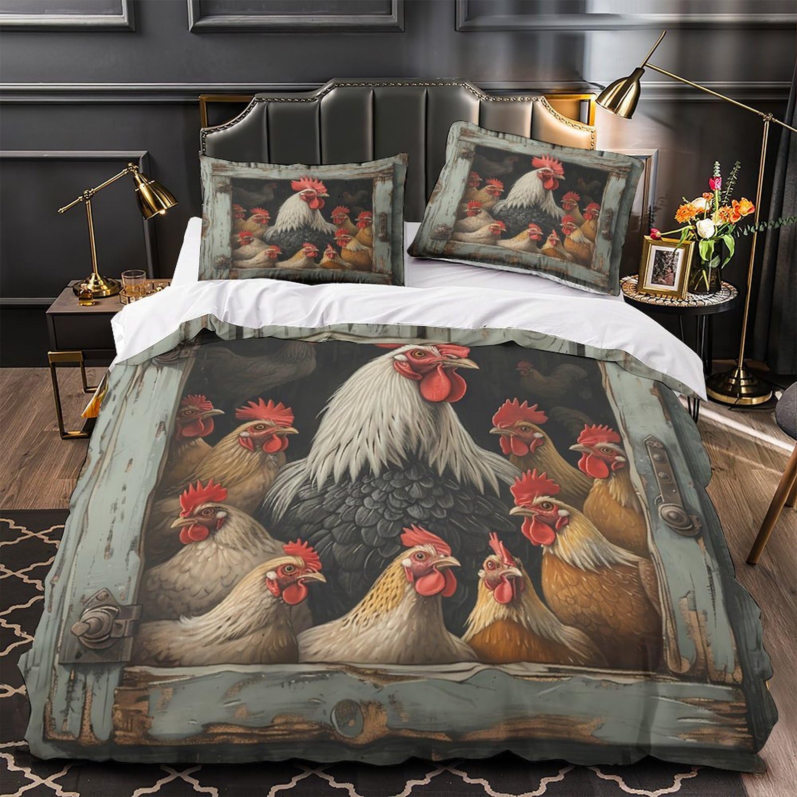 Housse de couette poulet 3D parure de lit rustique 140x200 microfibre hypoallergénique