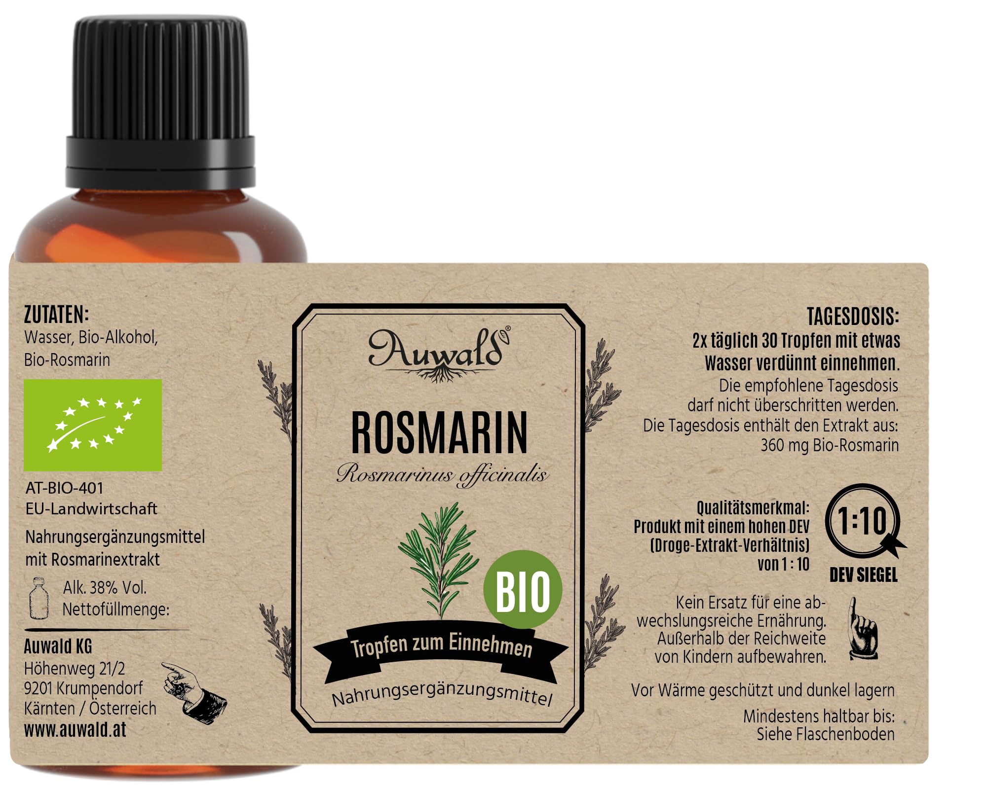NEU! Auwald Rosmarin Tropfen BIO – Hochwertiger Auszug, Extrakt, Essenz & Tinktur – 100% BIO Landwirtschaft, Frei von künstlichen Zusätzen und Farbstoffen, Hergestellt in Österreich – 100ml