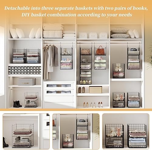 Miniatura 6 de Organizador colgante de armario de 5 niveles y estantes colgantes separables con 4 ganchos, 2 divisores ajustables, cestas de almacenamiento de