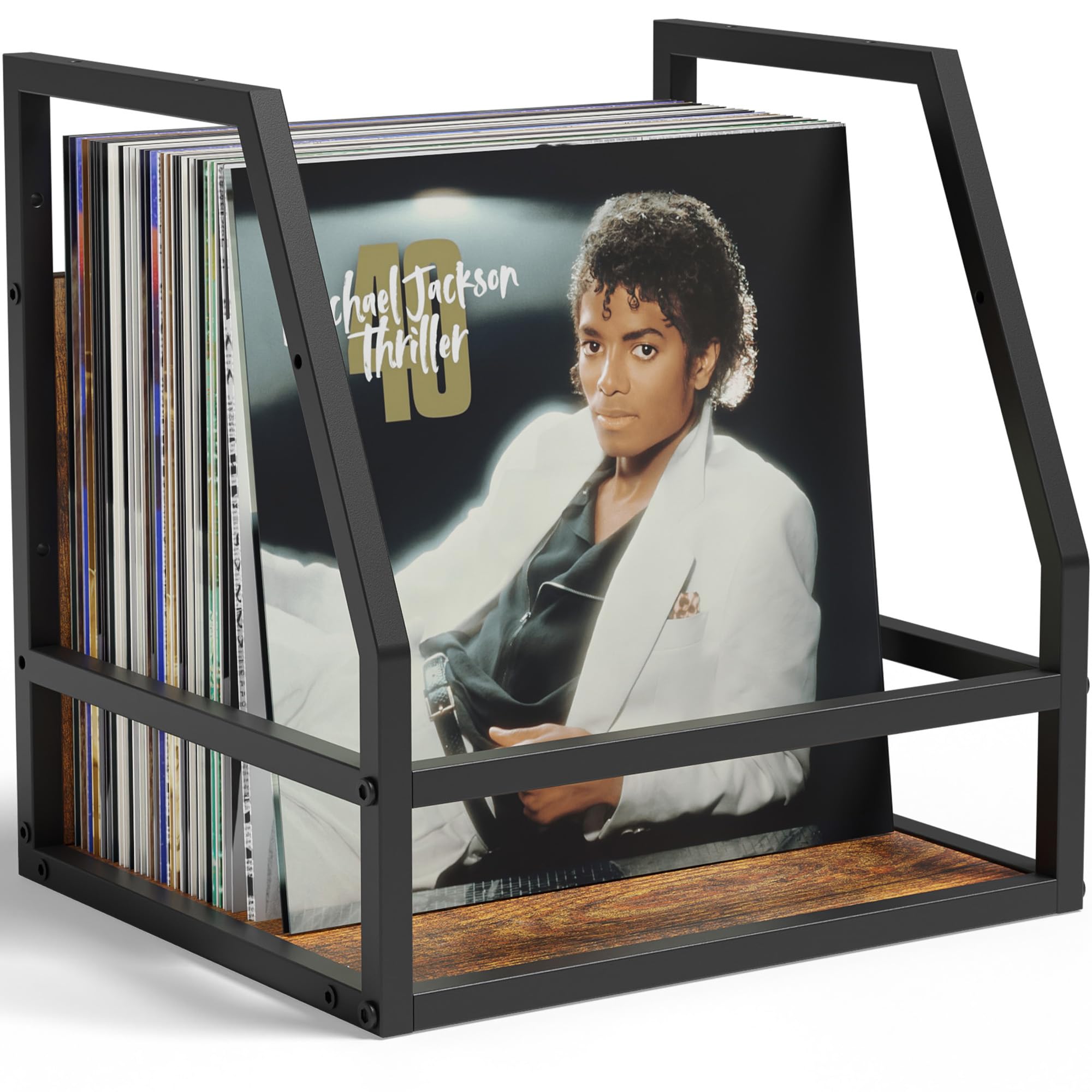 HFHOME 2 In 1 Vinyl Record Storage Crate, 2 Pc Wood LP Holder, Wall Mount or Desktop Metal Album Organizer, Holds 80+ Records, Multifunctional Stackable Magazine Display Shelf