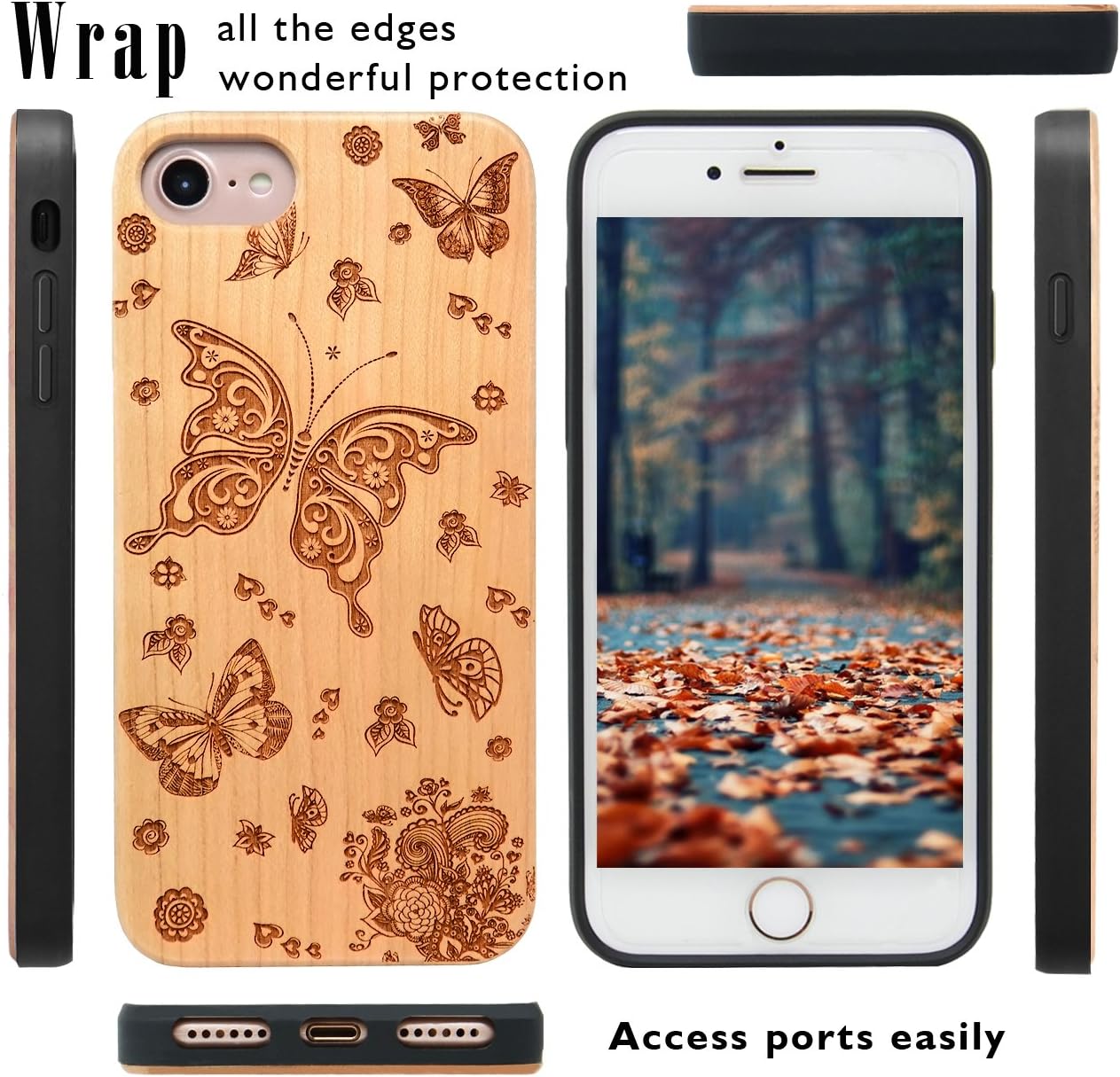 Grеаtеѕt Prоduсt iProductsUS Wood Phone Case Compatible with iPhone SE (2020), iPhone 8, 7, 6/6S and Magnetic Mount, Engraved Butterflies and Flowers, Built-in Metal Plate, TPU Protective Cover (4.7 inch)