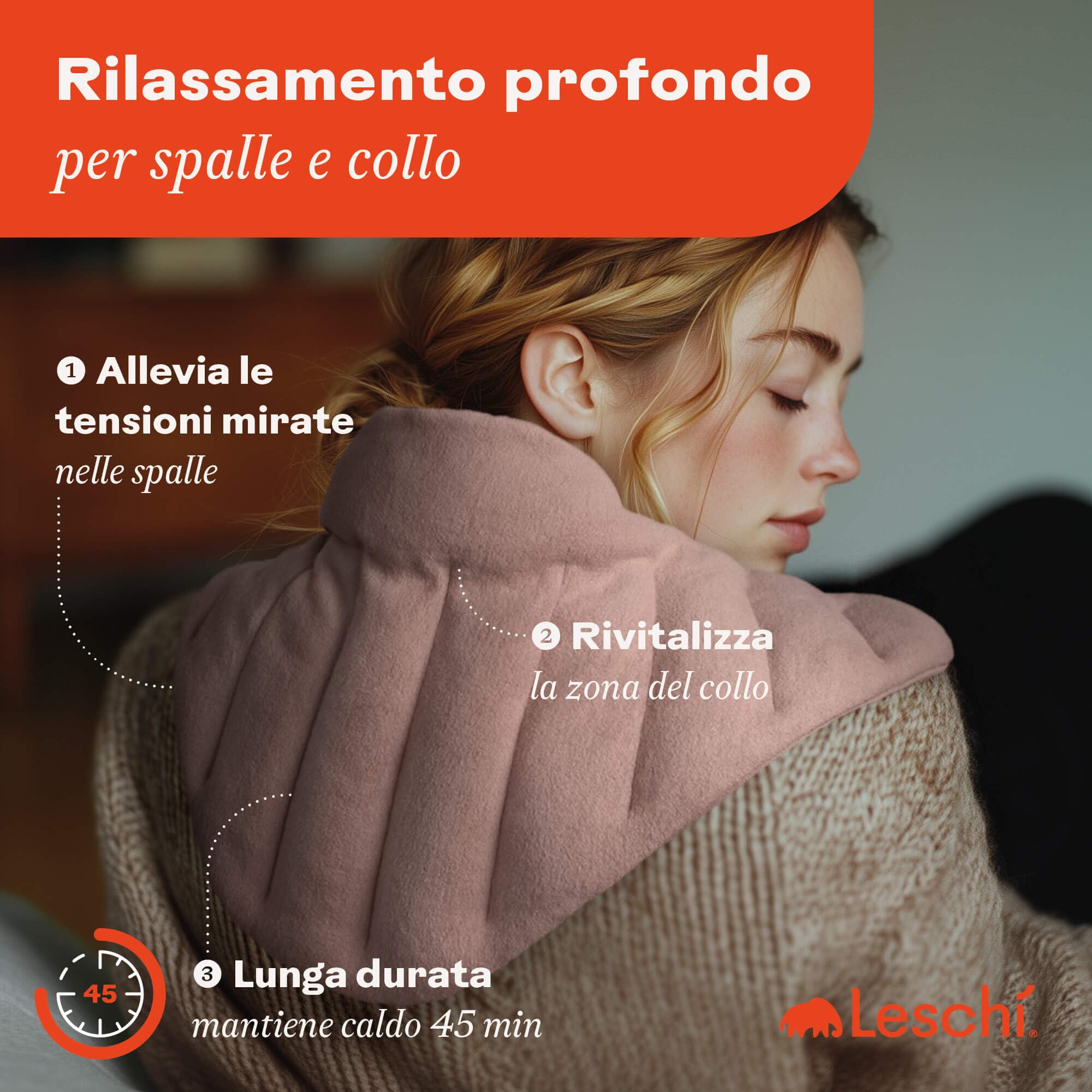LESCHI XXL Cuscino termico per microonde (60x28cm), 100% cotone e grano biologico, cuscino riscaldante a 11 camere, rosa, ideale per alleviare tensioni su cervicale, spalla, schiena, collo
