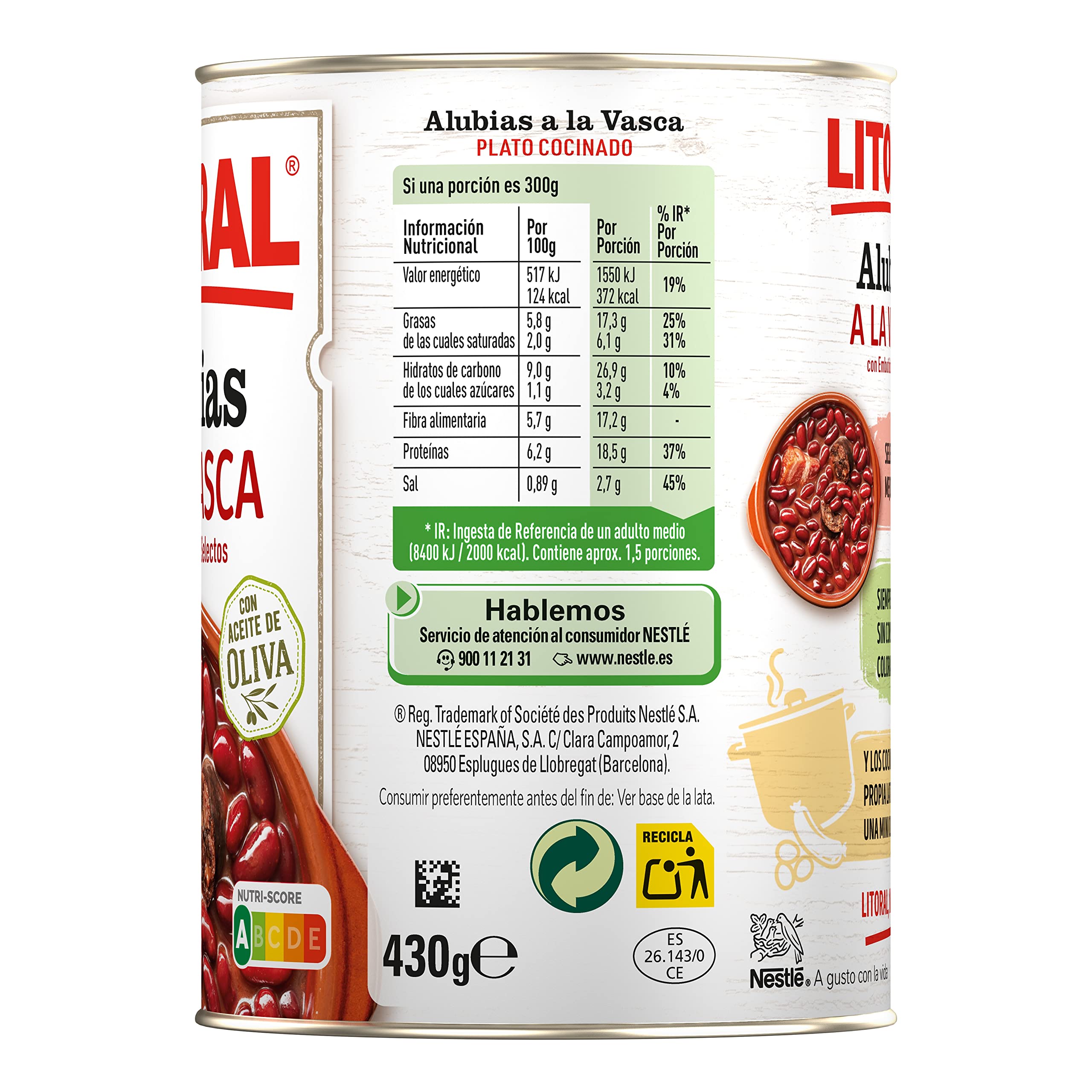 LITORAL Alubias a la Vasca - Plato Preparado Sin Gluten - Pack de 15x430g - Total: 6.45kg