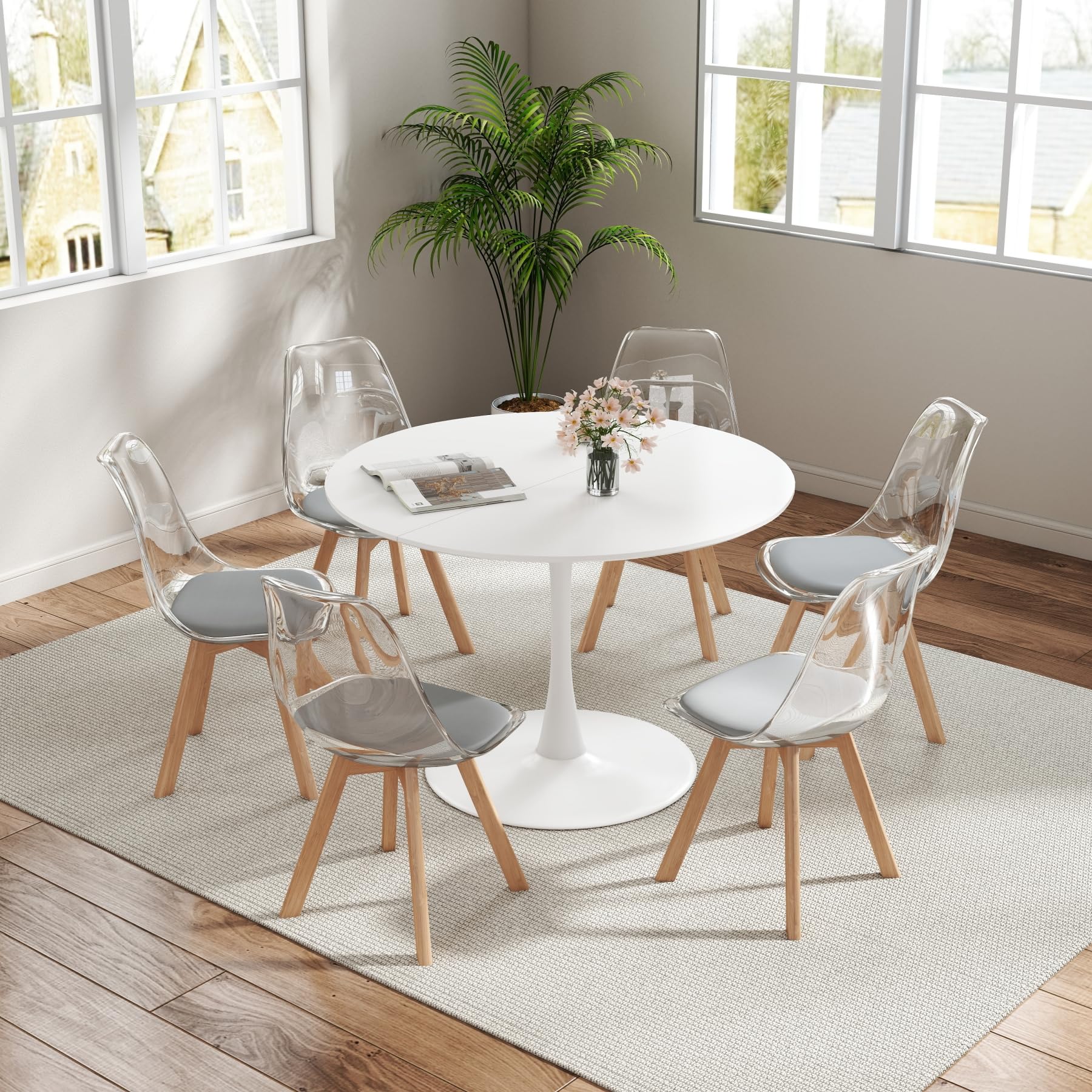 GrandCA HOME Tavolo da Pranzo con 6 Sedie, Tavolo da Pranzo Rotondo Moderno Bianco da 110 CM, 6 Sedie da Cucina Trasparenti Tulip, per Cucina, Soggiorno (Grigio)