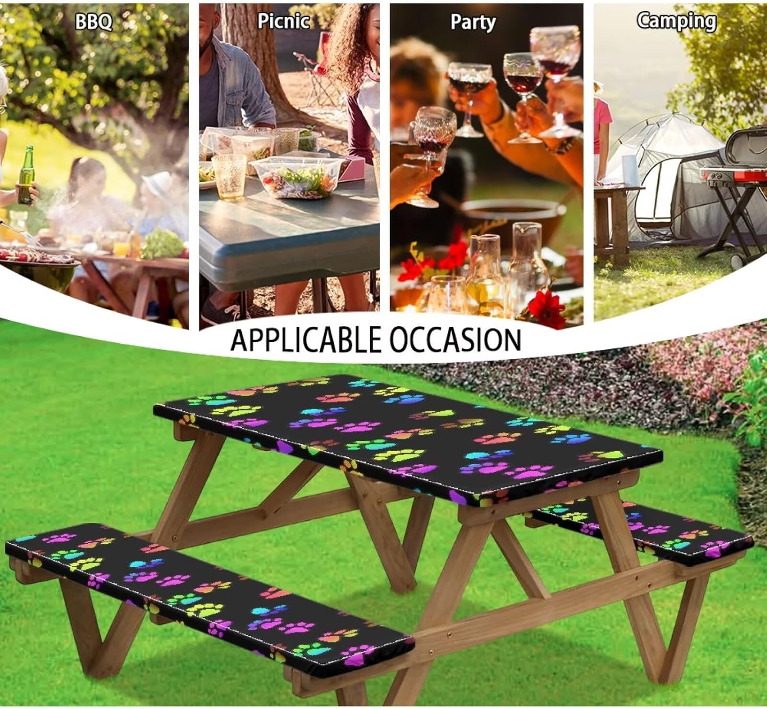 Rainbow Paw Print Tablecloth Set for Outdoors Waterproof & Windproof Picnic Table Covers with Bench Covers Ideal for Patio Birthday Party Vibrant