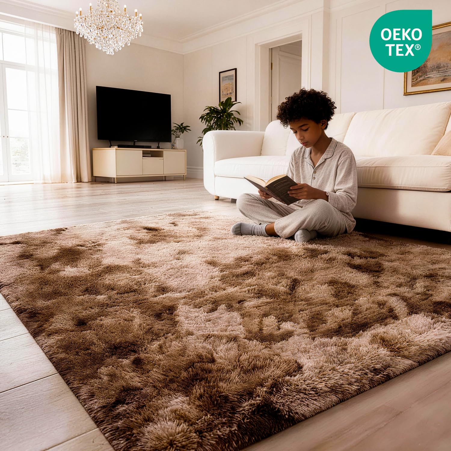 Teppich Wohnzimmer Braun 200x300 cm flauschig weich | Hochflor-Teppich, waschbar, rutschfest, weich. Ideal für offene Räume, Esszimmer und große Schlafzimmer.