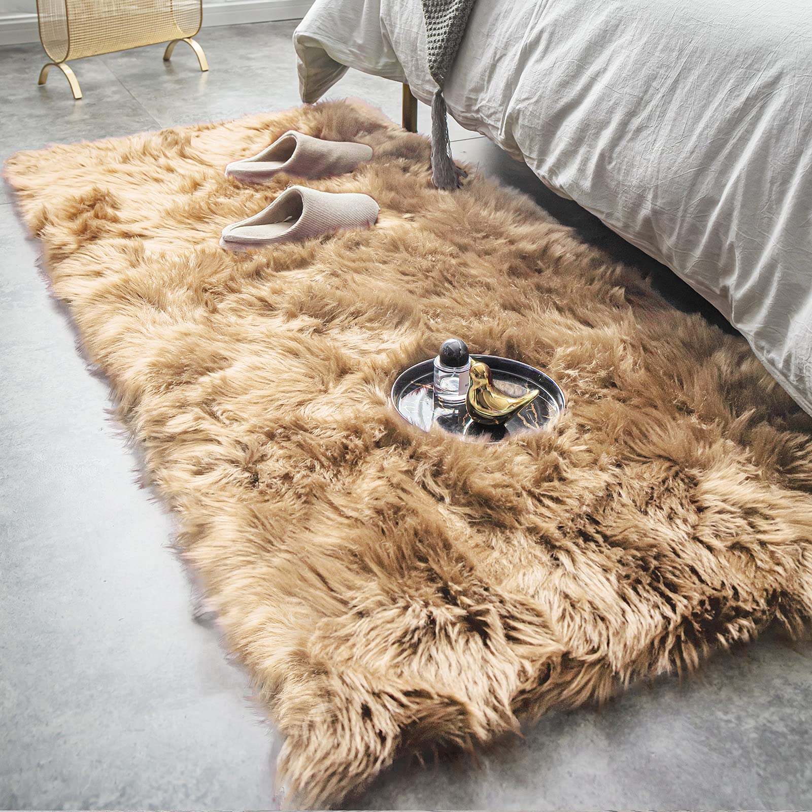 Tapis fausse fourrure mouton kaki doux rectangulaire style scandinave