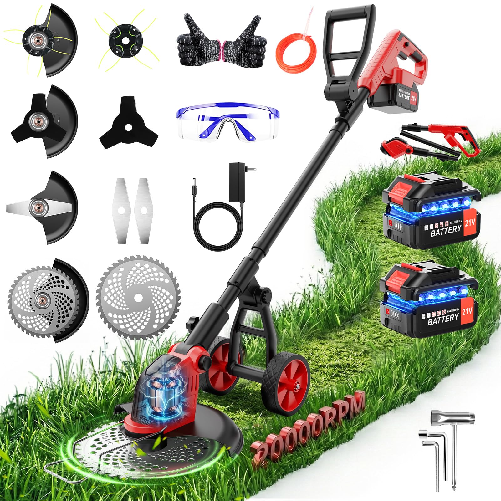 12 Pulgadas Desbrozadora a Bateria con Ruedas, Cortabordes Electrico de 800W con Motor sin Escobillas, Desbrozadora Electrica 2 Baterías 3000 mAh, 4 Tipos de Cuchillas para el Corte de Césped y Jardín