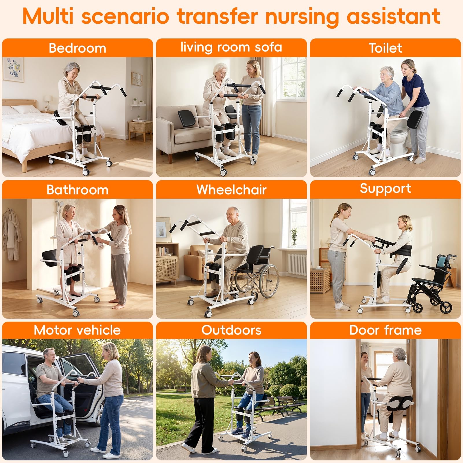 Transferständer Assist Lift, Mobilitätstransferhilfe für die häusliche Pflege zu Hause, Stahlrahmen, 100 kg Kapazität, Schaumstoffgepolsterte Schienbeinstützen und 4 feststellbare Lenkrollen, für Bett