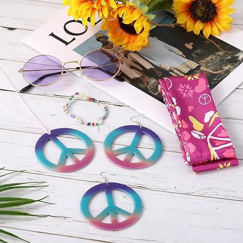 Miniatura 4 de Batiyeer 6 piezas de accesorios hippie para mujer, aretes bohemios con signo de la paz de los años 60 y 70, trajes para mujer, recuerdo de fiesta