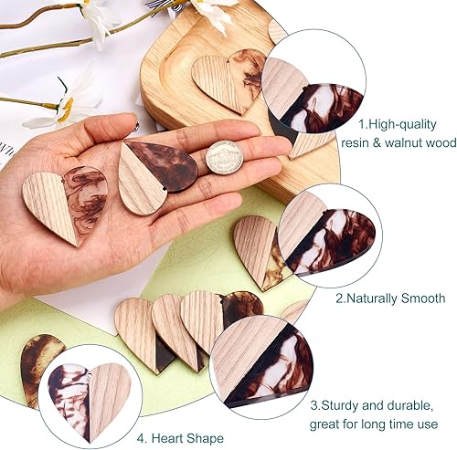 Miniatura 2 de FASHEWELRY 20 colgantes de madera de resina, dos tonos, corazón, resina, nuez, pendientes de madera para hacer joyas (marrón)