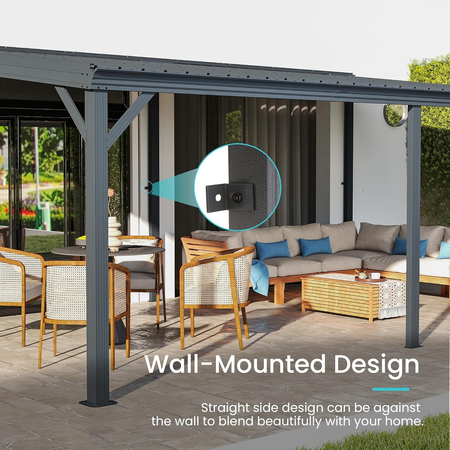 Domi 12' x 20' Lean to Gazebo, Wall Mounted Gazebos Pergola with Built in Drainage System, Galvanized Steel Roof, Hardtop Patio Shelter for Deck, Porch, Backyard and More