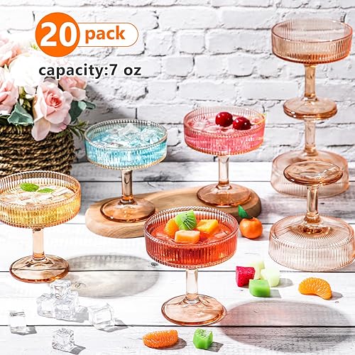 Miniatura 2 de 20 vasos de Martini vintage acanalados de 7 onzas, copas de Martini de champán, cristalería clásica de cóctel, cristalería acanalada reutilizable