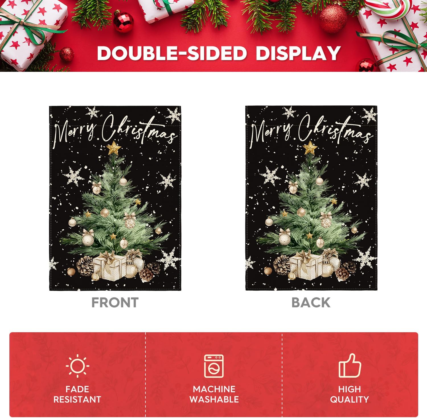 AVOIN colorlife Snowflake Merry Christmas Garden Flag 12x18 Inch Double Sided Outside, Winter Holiday Christmas Tree Yard Outdoor Flag Black - Image 6