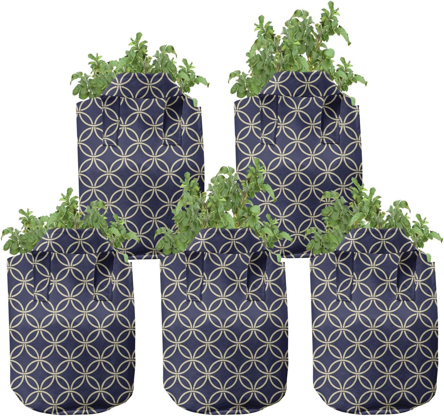 Ambesonne Navy Blue Grow Bags 5-Pack, Oriental Round Shapes, Heavyduty Fabric Pots with Handles for Plants, Navy Blue Beige