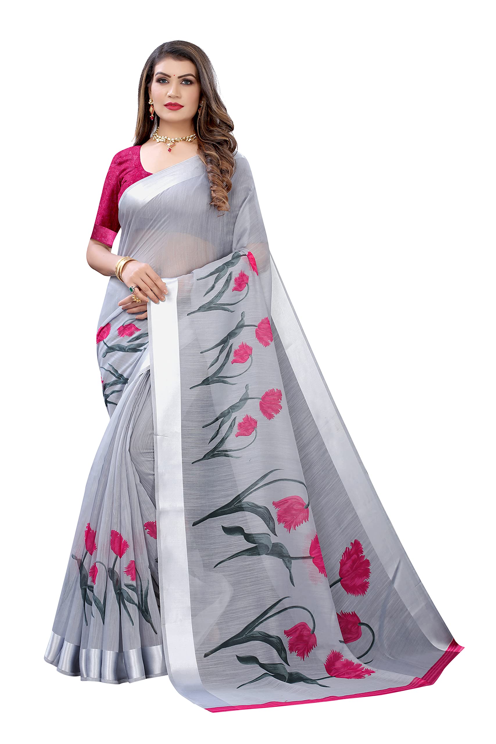 Yashikawomen's Linen With Satin Patta Saree With Blouse Piece